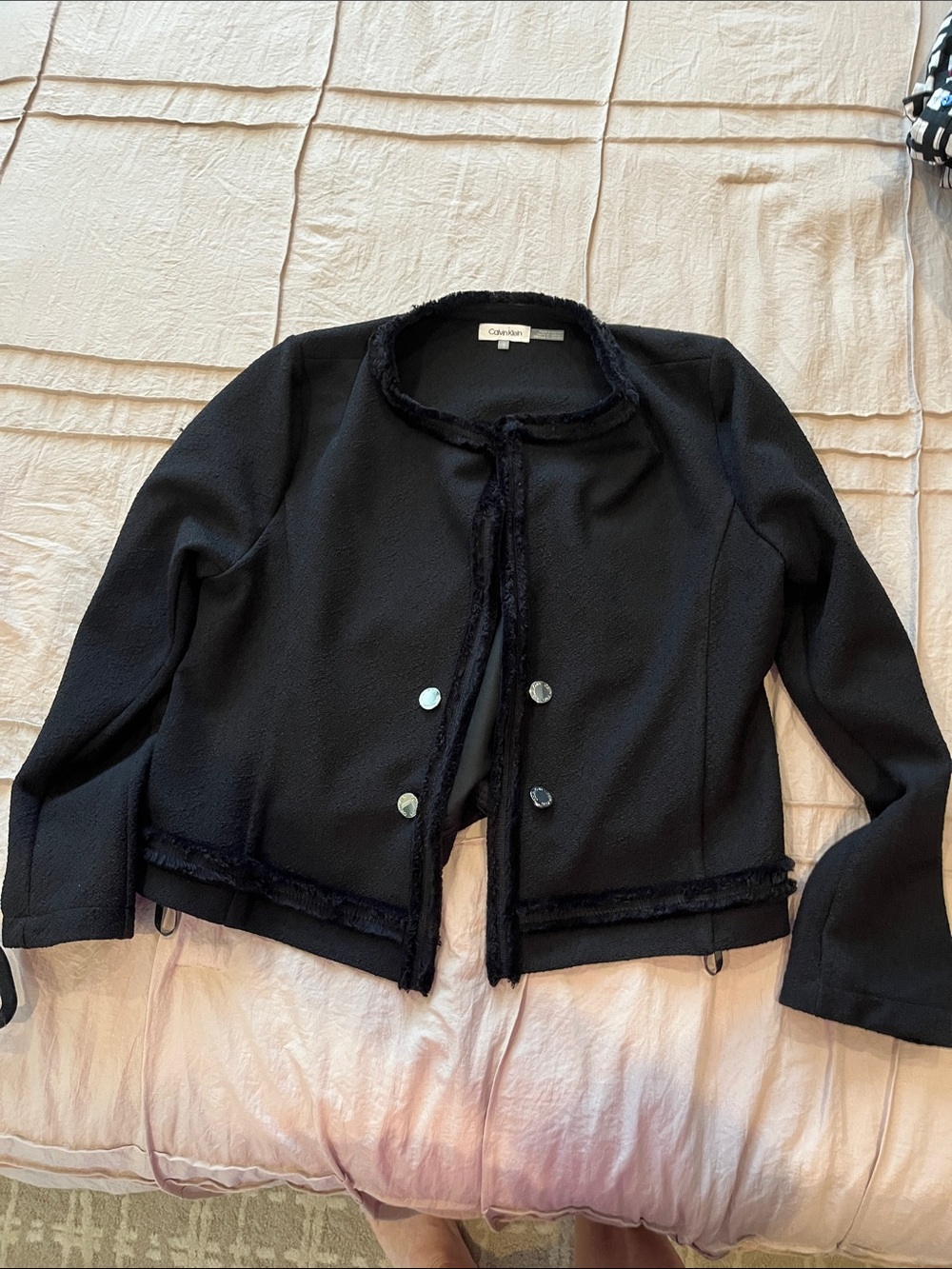 Calvin Klein Black Bouclé Fringed Trim Jacket
